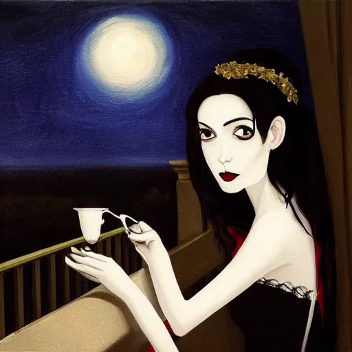 Prompt: An elegant vampire girl sips tea on the balcony of a mansion overlooking a night ocean, painting, gothic