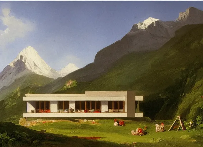 Image similar to painting of a corbusier house in in front of beautiful mountains by thomas cole