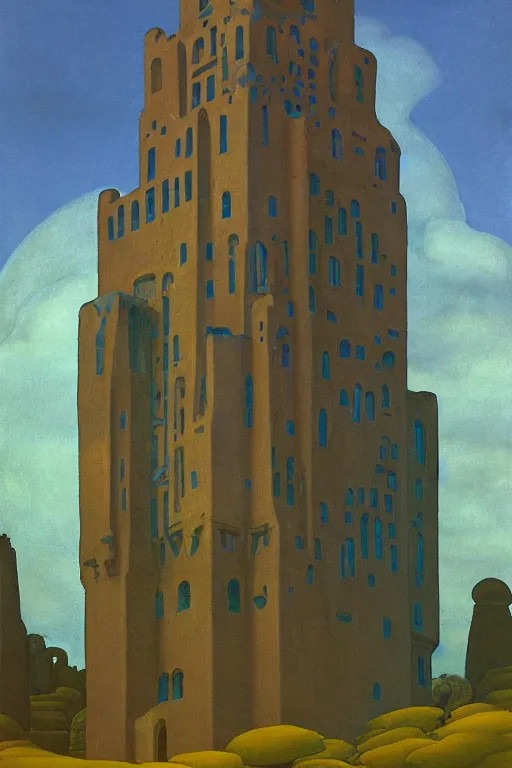 Image similar to view of the mysterious blue tower in its gardens after a storm, tall windows lit up, beautiful ornamental architecture, dramatic cinematic lighting, rich colors, by Nicholas Roerich and William Dyce and April Gornik and Caspar David Friedrich and Sylvain Sarrailh and Ludwig Deutsch and Diego Rivera, featured on artstation