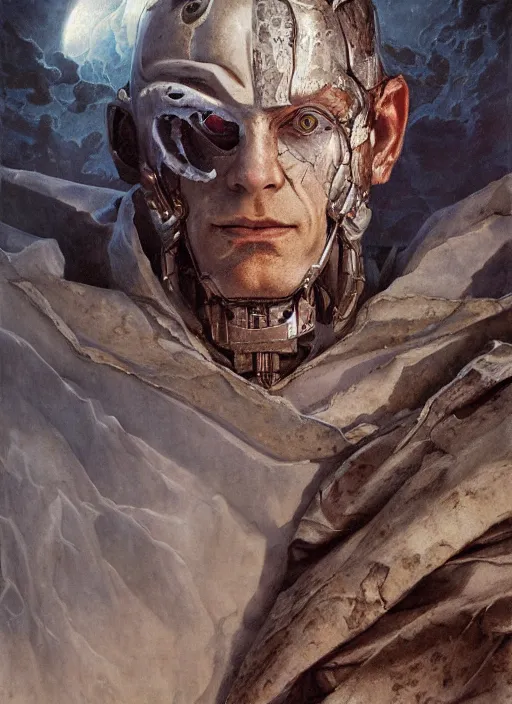 Image similar to portrait of a diabolical marble stone cyborg, wearing torn white cape, dynamic pose, glowing eyes, post apocalyptic ancient ruins, glowing veins subsurface scattering, in clouds, sunset, portrait, by gerald brom, by mikhail vrubel, by peter elson, muted colors, extreme detail, trending on artstation, 8 k