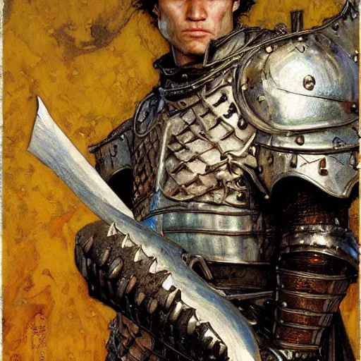 Image similar to guts as a knight, closeup portrait art by norman rockwell and donato giancola and greg rutkowski