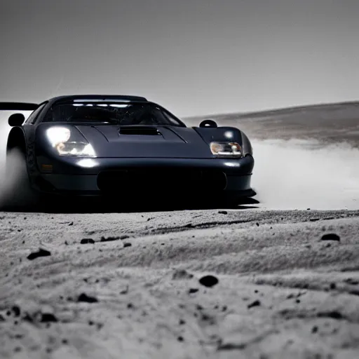 Image similar to a saleen s 7, drifting, on the moon, smoke coming from tires, film still, panavision panaflex