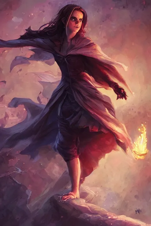 Prompt: illustration of emma watson as a necromancer, glowing eyes, trending on artstation, dynamic pose, Magic the Gathering art, art by Ralph Horsley
