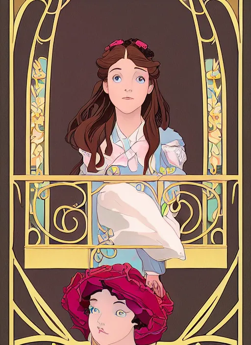 Prompt: well - lit art nouveau portrait of a 1 3 - year old girl with a shy expression, looking out from a balcony with a rose trellis, natural lighting, path traced, highly detailed, high quality, cartoon, digital painting, by don bluth and ross tran and studio ghibli