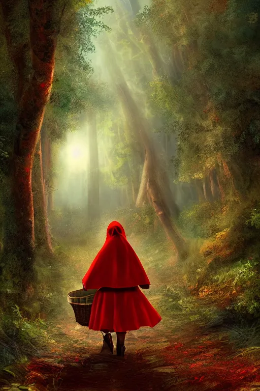 Image similar to highly detailed digital matte painting of a little red riding hood walking through the forest, carrying basket in her hand, artstation, detailed forest, stunning volumetric lighting, well focused, smooth 4K