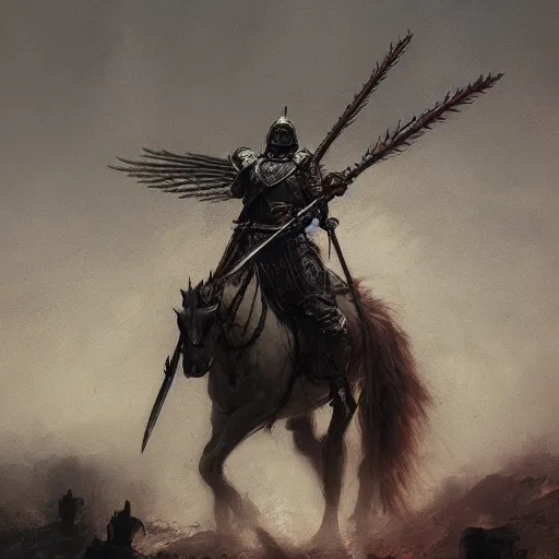 Prompt: winged hussar in ancient armor, beksinski, ruan jia, dark soul concept art, wide shot, wide angle, trending on artstation