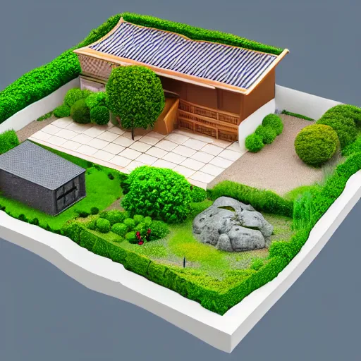 Image similar to isometric Japanese home with garden, aerial view, blender render, 3D model