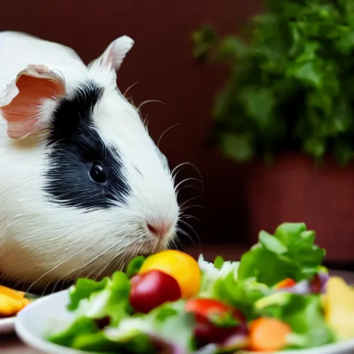 Prompt: a white guinea pig eating a salad and looking around furtively