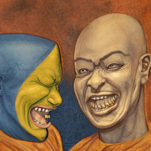 Prompt: vivec laughing as he betrays nerevar, fresco