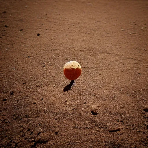 Image similar to macro photo bright day of a tiny sphere containing an oasis world on the ground in the gobi desert