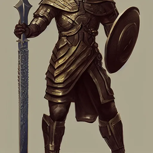 Image similar to Full body portrait of a godly super-soldier wearing roman style scientific body armor and wielding a god-slaying sword, D&D, fantasy, elegant, hopeful, muscular, gothic, futuristic, intelligent, highly detailed, digital painting, artstation, concept art, artisan, smooth, sharp focus, illustration