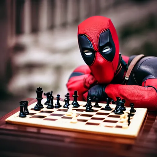 Prompt: deadpool playing chess, photography, marvel, movie,