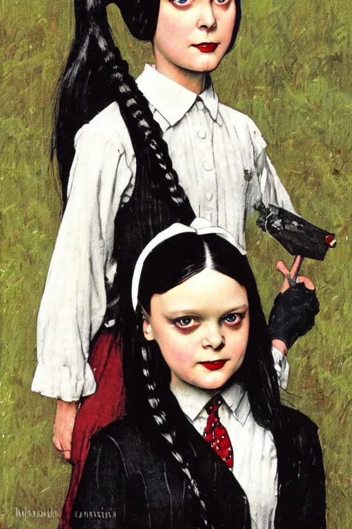 Image similar to wednesday addams from the addams family painted by norman rockwell