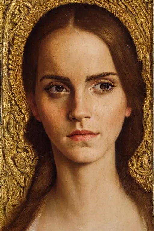 Image similar to portrait of emma watson, oil painting by jan van eyck, northern renaissance art, old masters, alla prima, realistic, expressive emotions, intricate textures, illusionistic detail