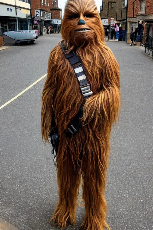 Prompt: photo of chewbacca standing on the streets of rochester, england