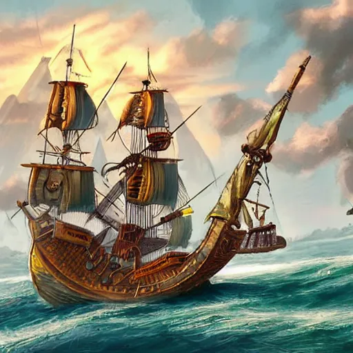 Image similar to a pirate ship near shore, by Bill Tiller, game concept art, colorful