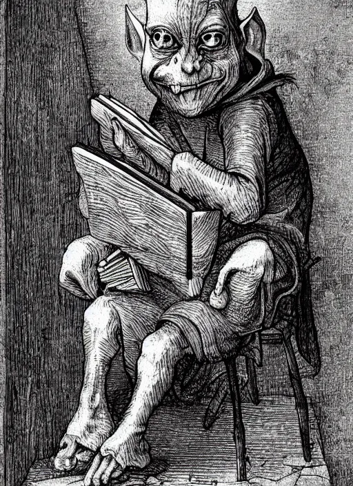 Image similar to medieval goblin reading a book by hieronymus bosch, detailed digital art, trending on Artstation