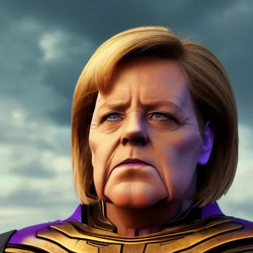 Prompt: Portrait of Angela Merkel as Thanos, brushed hair, stern look, still from Avengers: Endgame movie, violett skin, 4k, cinematic, vibrant colors