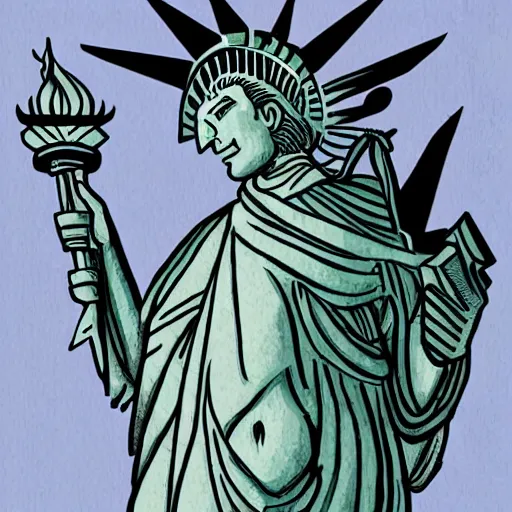 Image similar to Lady Liberty as the babylon Revelation 17 riding on the red dragon of china. illustration concept art