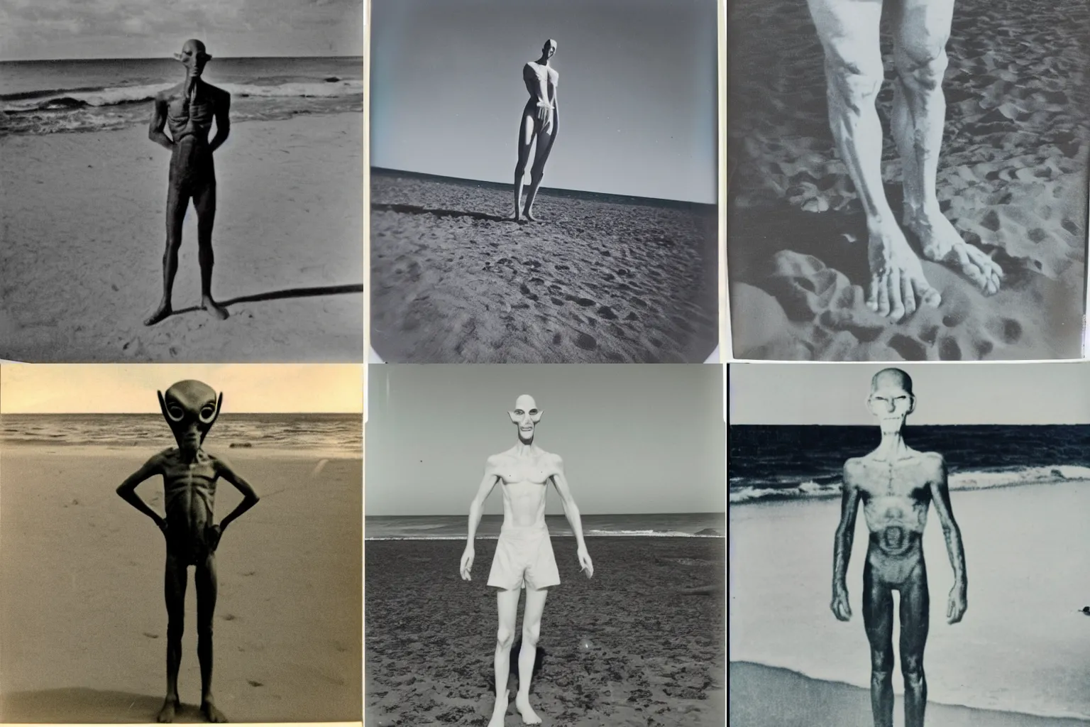 Prompt: classified 1950s polaroid photo of a 9 feet tall alien standing on a beach