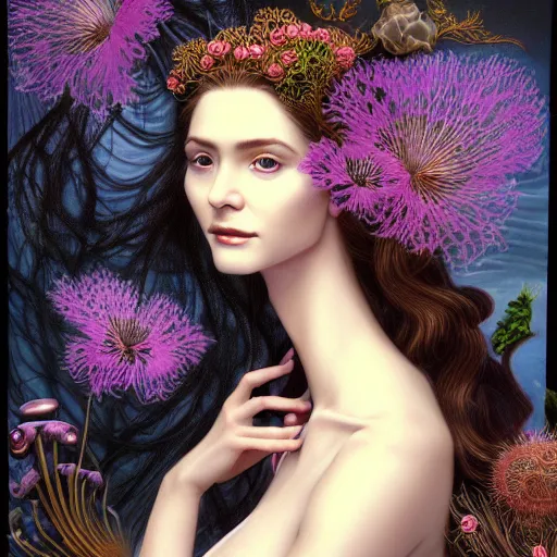 Image similar to facial portrait of a young pretty woman in flowing dress, arrogant, mysterious, long fine flowing hair, delicate, looking at camera, slightly awkward smile, realistic face, hands behind back, stylish, elegant, grimdark fantasy, flowers, extremely detailed painting inspired by Gerald Brom and Ernst Haeckel and Kaluta