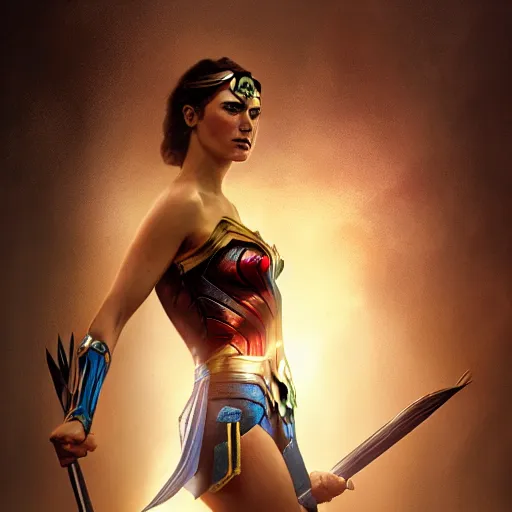 Image similar to portrait of Wonder Woman, amazing splashscreen artwork, splash art, head slightly tilted, natural light, elegant, intricate, fantasy, atmospheric lighting, cinematic, matte painting, by Greg rutkowski