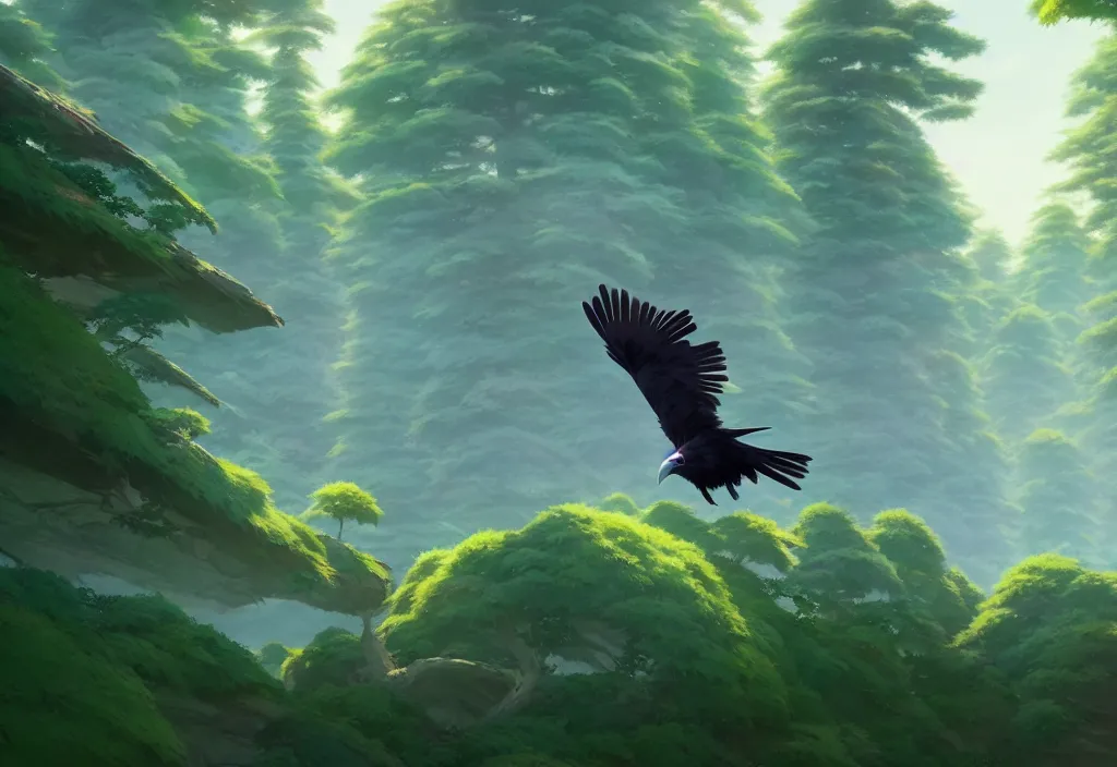 Prompt: a wholesome animation key shot of a cute stripe colored raven flying above the forest, studio ghibli, pixar and disney animation, sharp, rendered in unreal engine 5, anime key art by greg rutkowski, bloom, summer lighting