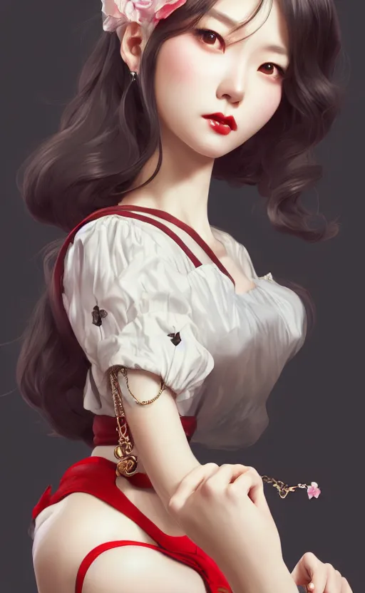 Image similar to a pin up and beautiful fashion charming dreamlke korea girl with lv jewelry, character art, art by artgerm lau and kyoung hwan kim and and ilya kuvshinov and john singer sargent, hyperdetailed, 8 k realistic, symmetrical, frostbite 3 engine, cryengine, dof, trending on artstation, digital art