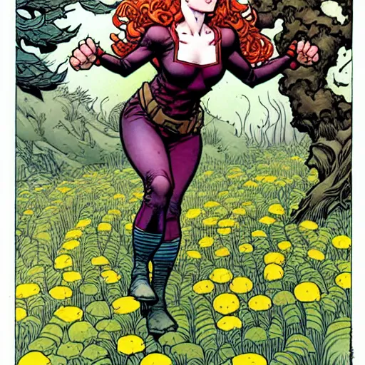 Image similar to A cute little Jean Grey by xmen collecting flowers in the forest. Absurdly-detailed fantasy character illustration by Rebecca Guay and Wayne Reynolds