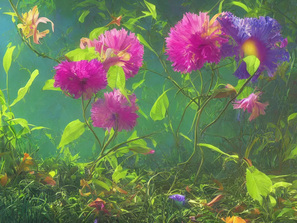 Prompt: sunlight study, kauai wildflower undergrowth within the orb, art nouveau, by rachel ruysch and martin johnson heade and ( ( ( ( ( lisa frank ) ) ) ) ), 8 k, sharp focus, octane render