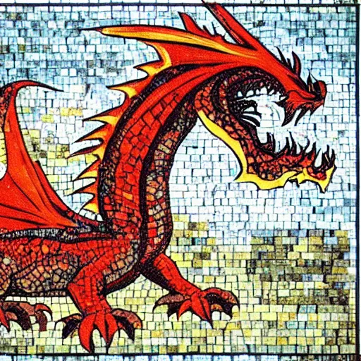 Image similar to “fire breathing dragon, mosaic”