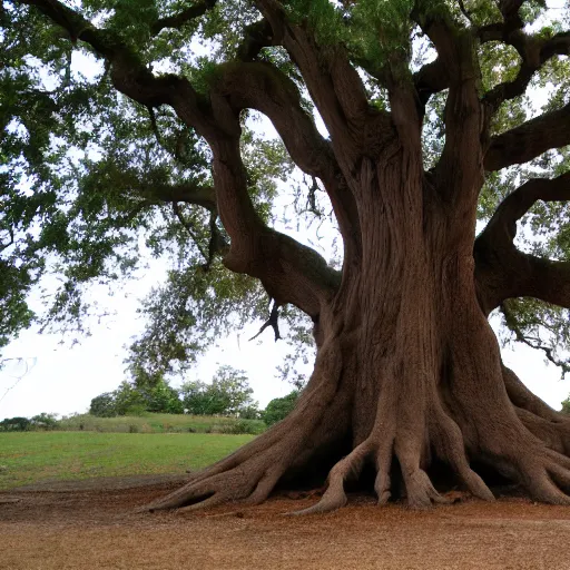 Prompt: oak tree as big as a building with people among the roots