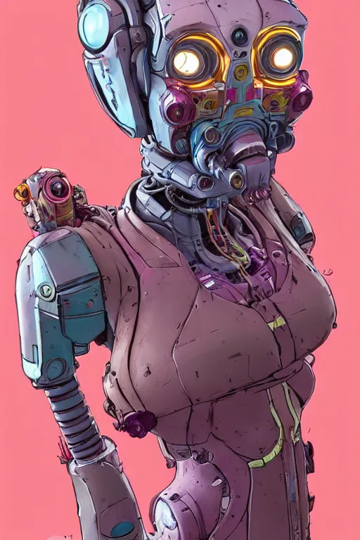 Image similar to a study of cell shaded protrait of female robot as Borderlands 3 concept art, llustration, post grunge, concept art by josan gonzales and wlop, by james jean, Victo ngai, David Rubín, Mike Mignola, Laurie Greasley, highly detailed, sharp focus, alien, Trending on Artstation, HQ, deviantart, art by artgem