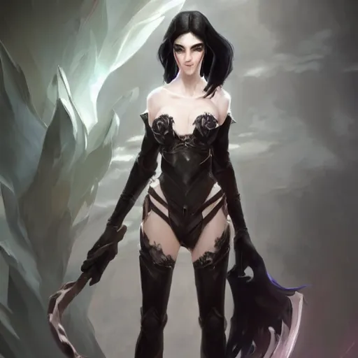 Image similar to tall woman with black hair and pale skin, from league of legends, as human, au naturel, hyper detailed, digital art, trending in artstation, cinematic lighting, studio quality, smooth render, unreal engine 5 rendered, octane rendered, art style by klimt and nixeu and ian sprigger and wlop and krenz cushart!