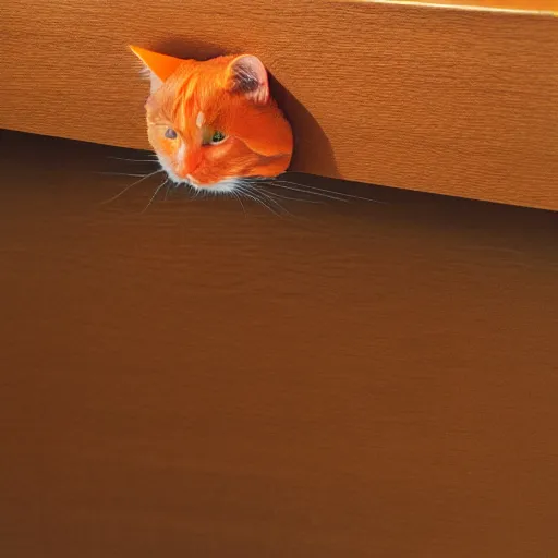 Image similar to an orange cat staring in a table drawer ~ on fire ~ fire ~ high - resolution photo ~