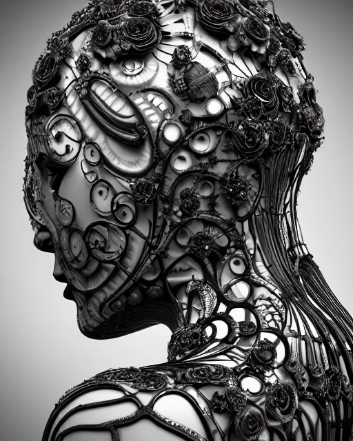 Prompt: mythical dreamy black and white organic bio-mechanical spinal ribbed profile face portrait detail of translucent steampunk beautiful female angelic-human-queen-vegetal-cyborg, highly detailed, intricate crystal ivy jelly ornate, poetic, translucent roses ornate, 3D render, digital art, octane render, 8K artistic photography, photo-realistic, by Dora Maar