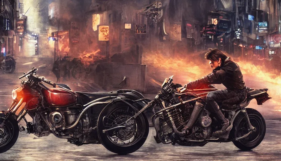 Prompt: single wheel motorcycle concept design and Japanese engineering in the streets of fire movie 8k, a highly detailed epic cinematic digital painting artwork