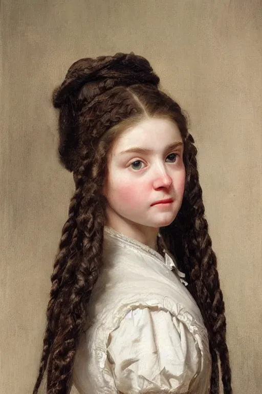 Prompt: museum painting, close - up, 1 4 years old girl,!!! white!!! gathered hair in braids, mischievous face, dressed in 1 7 th century clothes, sharp focus, highly detailed, digital art, oil painting, masterpiece, artgerm, rutkowski