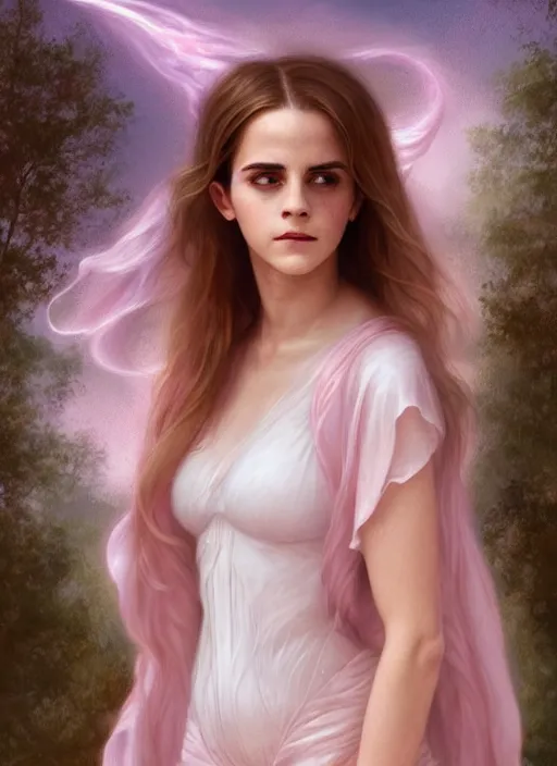 Image similar to emma watson as nature magic celestial turned away, long hair, soft pink and white transparent cloth, space, D&D, shiny background, intricate, elegant, highly detailed, digital painting, artstation, concept art, smooth, sharp focus, illustration, artgerm, bouguereau