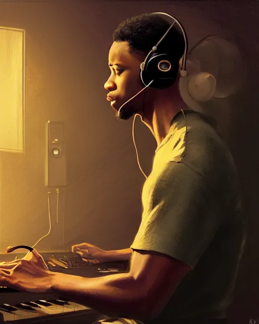 Image similar to light skin black man with headphones at his home studio producing music late at night, very detailed, 4 k, concept art like ernest khalimov, intricate details, highly detailed by greg rutkowski, ilya kuvshinov, gaston bussiere, craig mullins, simon bisley