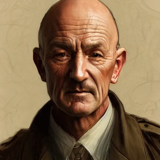 Image similar to portrait of John Locke from Lost as a detective, highly detailed, digital painting, artstation, concept art, sharp focus, illustration, art by artgerm and greg rutkowski and alphonse mucha