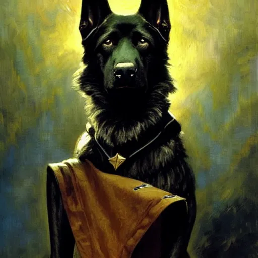 Image similar to a portrait of a black german shepard dogman canine star trek chief engineer the next generation. highly detailed painting by gaston bussiere, craig mullins, j. c. leyendecker, furry