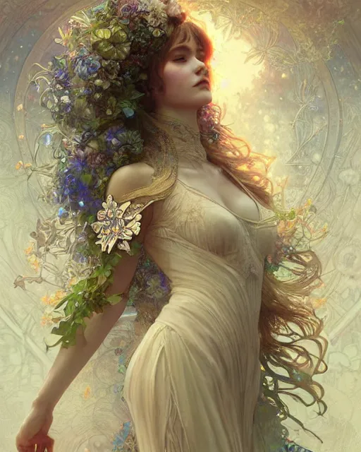 Prompt: Floralpunk elysian Maiden of radiant light wearing ivory lace dress made of stardust by Ruan Jia and artgerm, award winning art, Artstation, art nouveau aesthetic, Alphonse Mucha background, intricate details, semi-realistic, full view