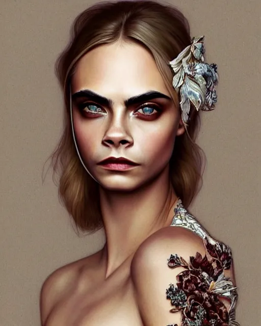 Prompt: portrait of cara delevingne wearing beautiful haute couture by Alexander McQueen, intricate, elegant, highly detailed, digital painting, artstation, concept art, smooth, sharp focus, illustration, art by artgerm and greg rutkowski and alphonse mucha