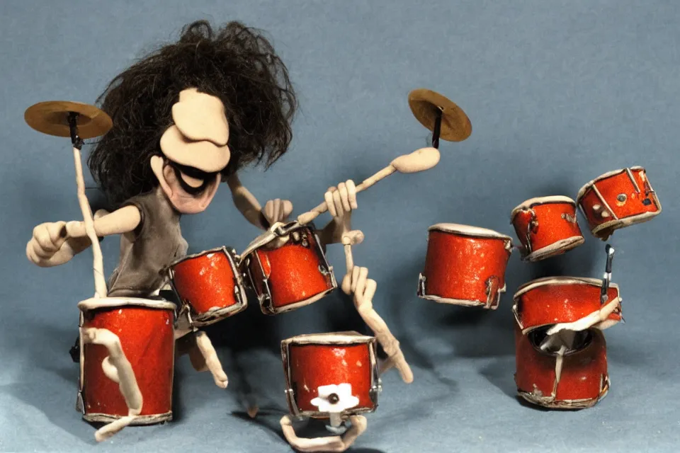 Image similar to a claymation film still of a curly long hair drummer playing the drum set. claymation by bruce bickford