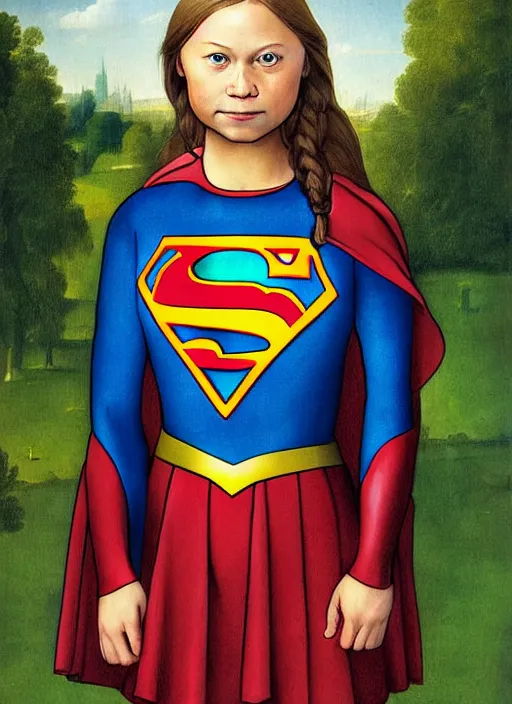 Image similar to greta thunberg as supergirl painted by hieronymus bosch, detailed digital art, trending on Artstation