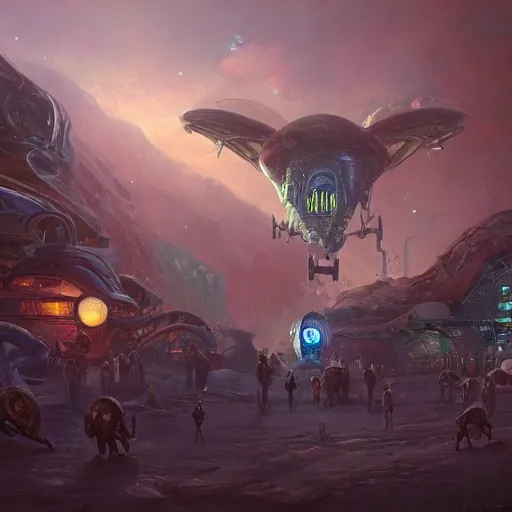 Image similar to flea market in another galaxy, fantastic plot, alien creatures, beautiful fantasy detailed trending on artstation, oil painting, dramatic lighting, eterea, high quality print, fine art with subtle redshift rendering