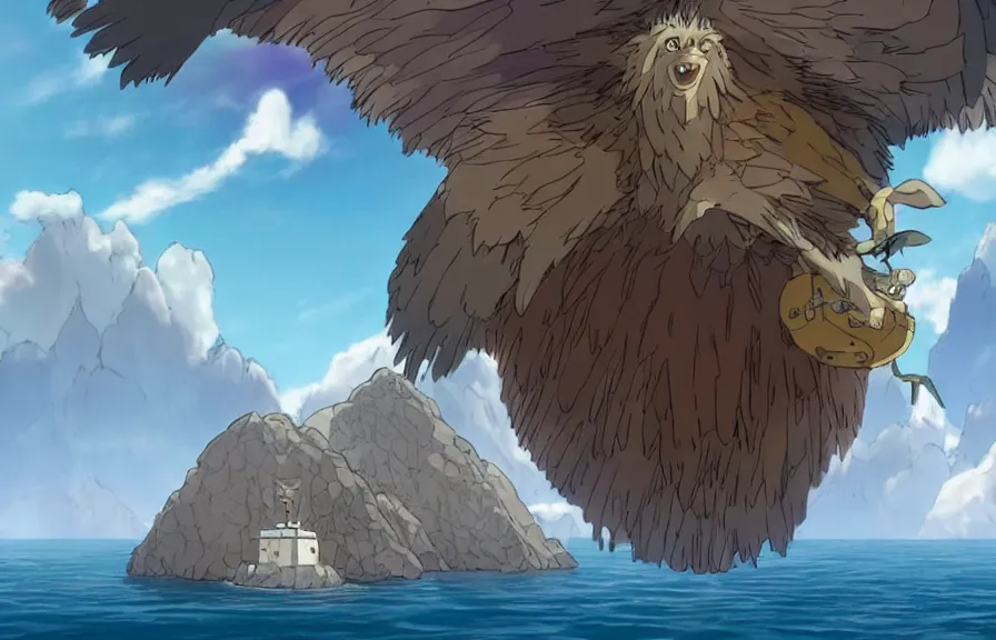 Prompt: a realistic cell - shaded cartoon of a griffon from howl's moving castle ( 2 0 0 4 ). in the background is a white pristine pyramid in the ocean. shafts of sunlight come from above. wide shot, very dull muted colors, hd, 4 k, hq