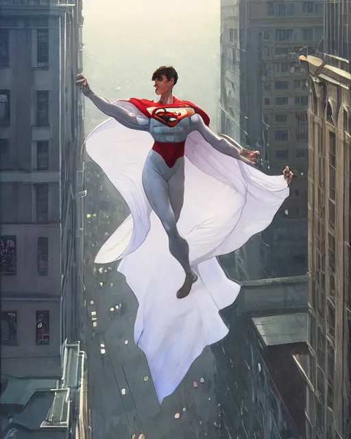 Prompt: wide angle of superhero - white cape levitating over the street below, arms spread wide, highly detailed, digital painting, artstation, concept art, smooth, sharp focus, illustration, art by artgerm, greg rutkowski, alphonse mucha, j. c. leyendecker