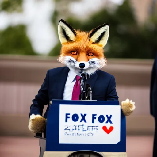 Image similar to a fox animal dressed in a suit giving a presidential press conference, 8 5 mm f / 1. 4